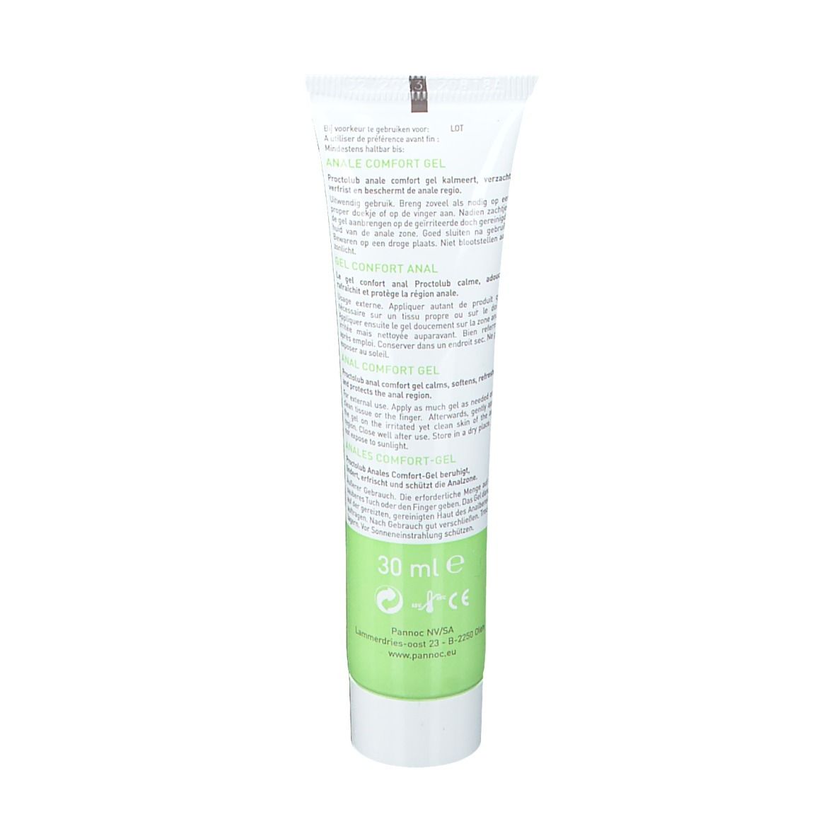 Dos du tube avec texte multilingue, dont "Anale comfort gel".