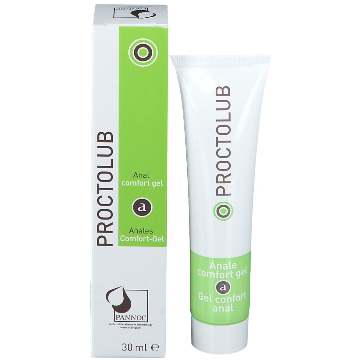 Emballage du produit avec tube et boîte. "Proctolub" et "Anale comfort gel" visibles.