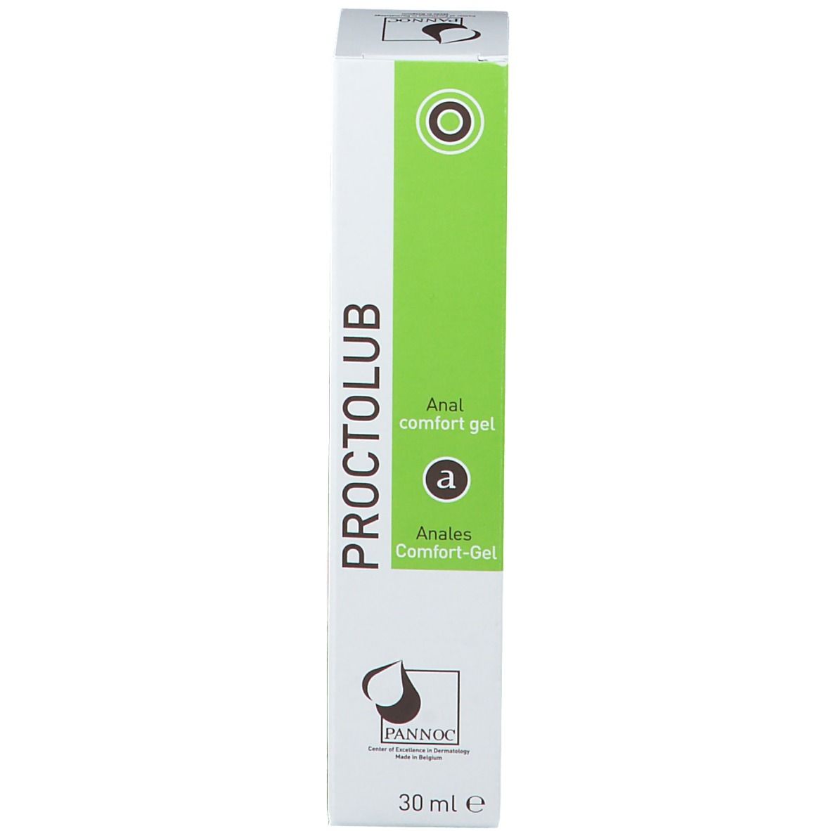 Boîte avec "Proctolub" et "Anale comfort gel". Logo et texte.