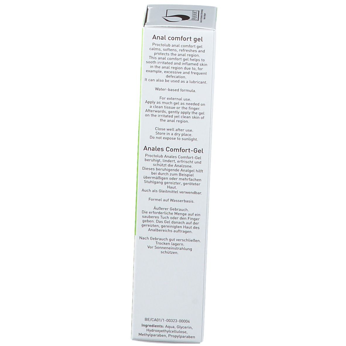 Dos de la boîte avec texte. "Anale comfort gel" et ingrédients.