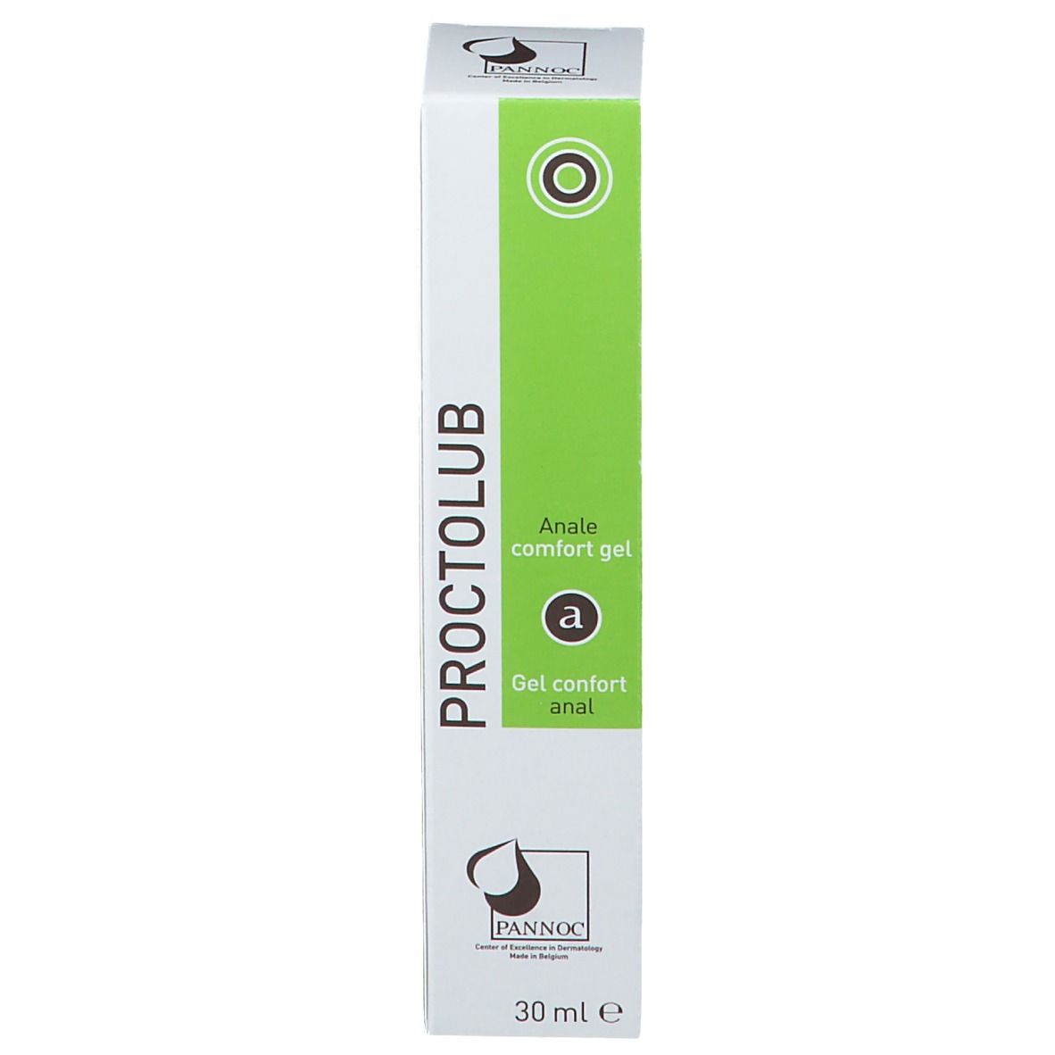 Boîte avec "Proctolub" et "Anale comfort gel". Logo et texte.