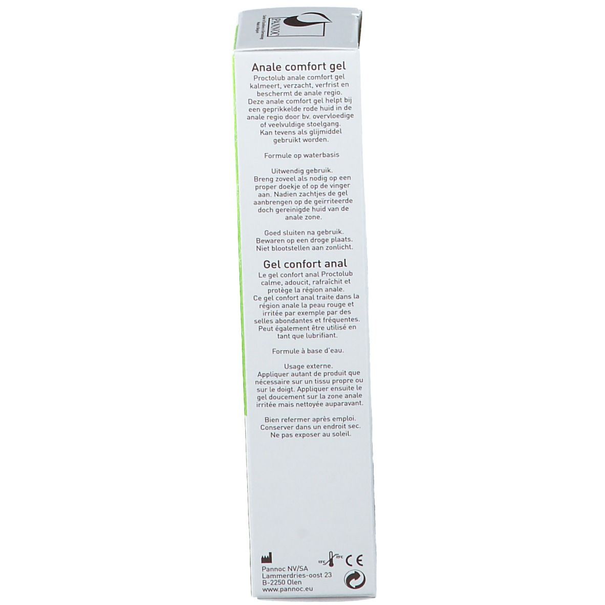 Dos de la boîte avec texte. "Anale comfort gel" et mode d'emploi.