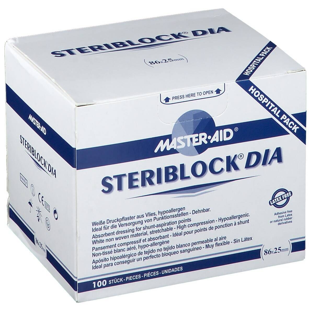 Boîte blanche avec texte bleu. Inscription: MASTER-AID STERIBLOCK DIA. Contient 100 pièces. Sans latex.