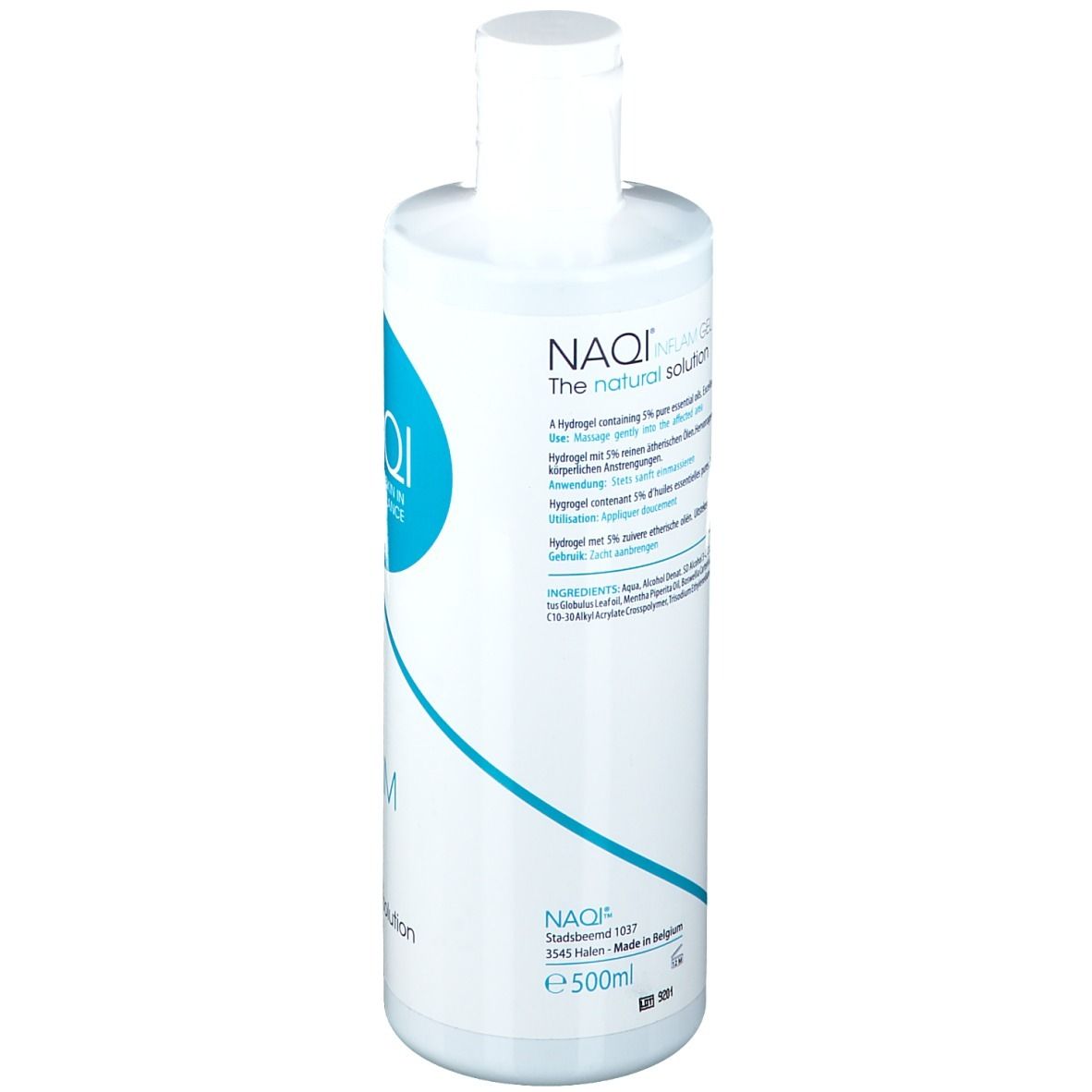NAQI Hydrogel Flasche mit 500ml Inhalt. Klare Flüssigkeit mit blauem Logo und Schriftzug.