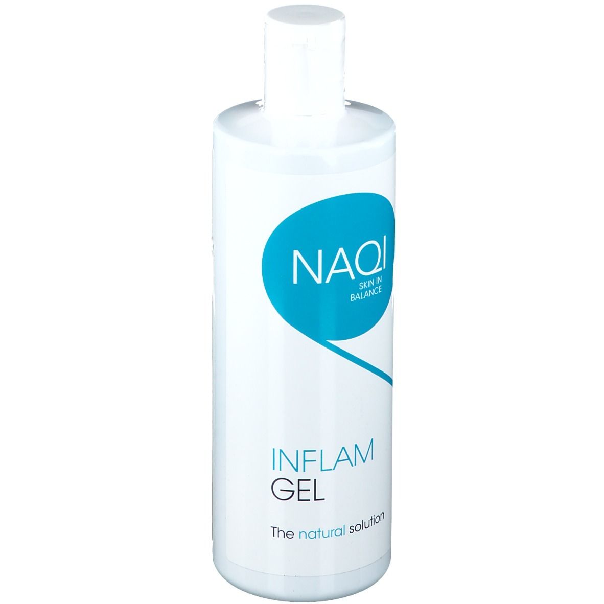 Weiße Flasche mit NAQI INFLAM GEL und dem Slogan "The natural solution".