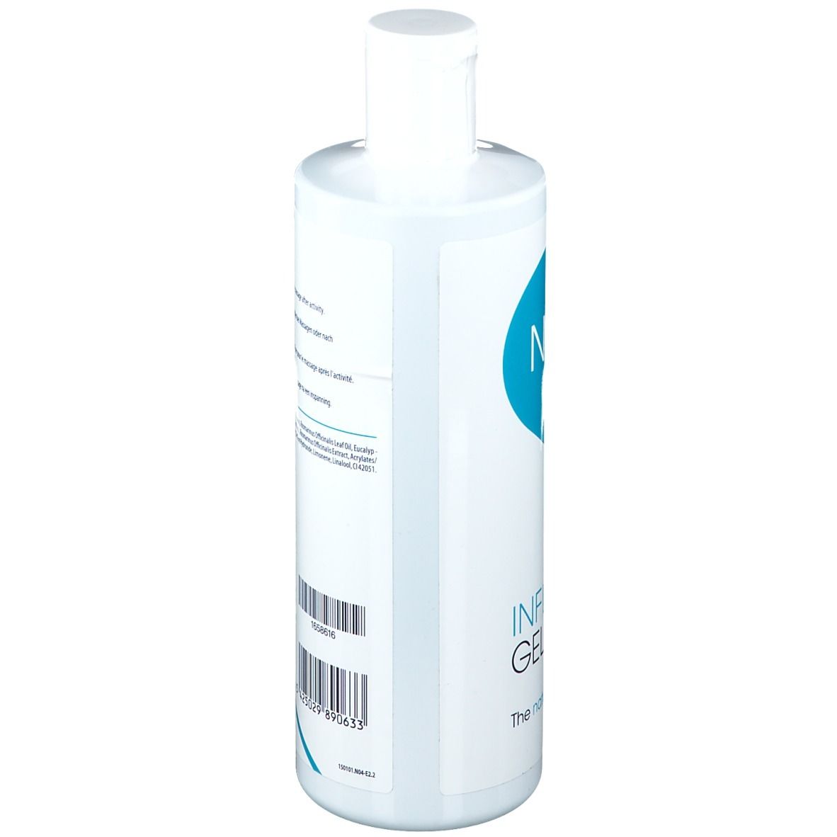 Weiße Flasche mit blauem Kreislogo und der Aufschrift "INFUSION GEL".
