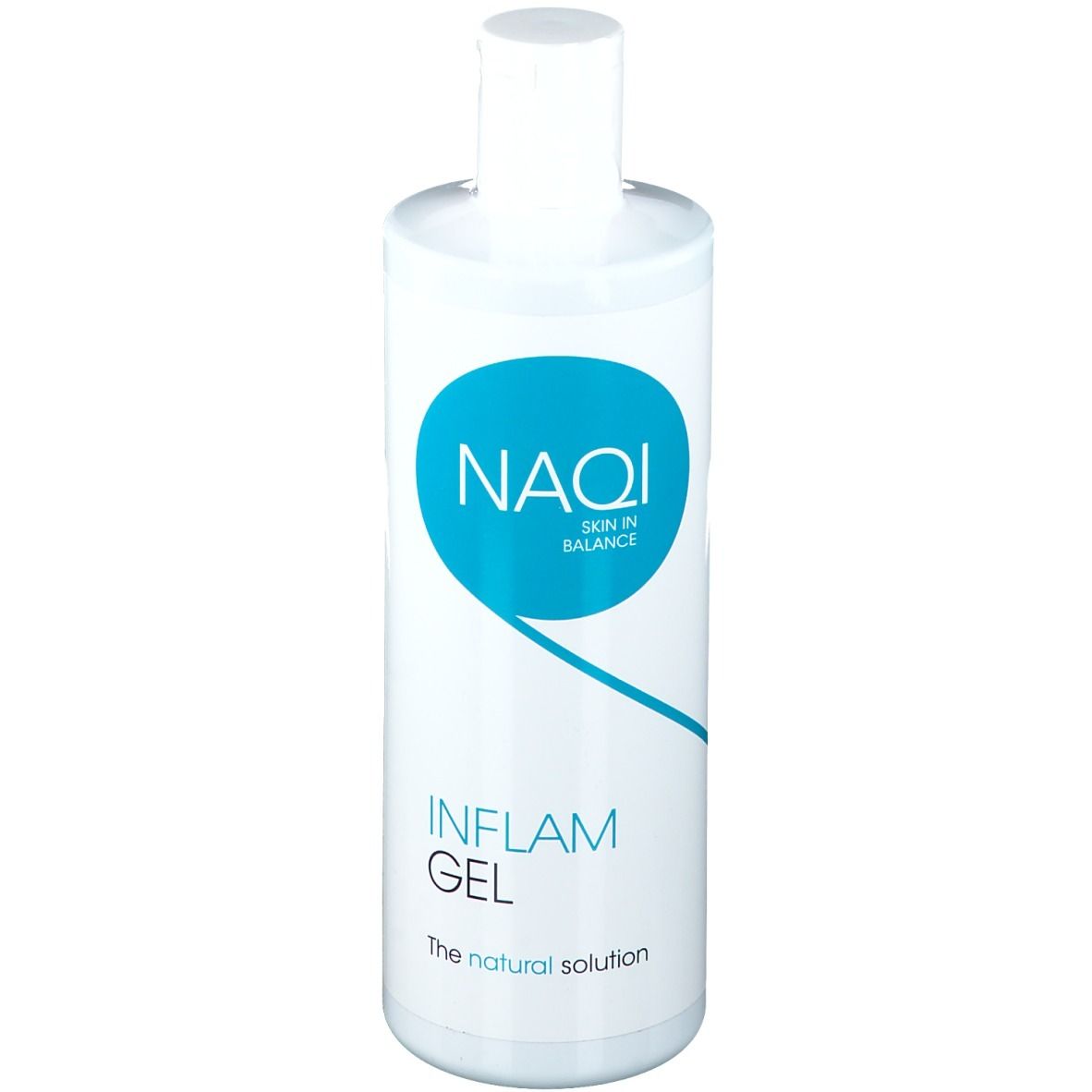 Weiße Flasche mit NAQI Inflam Gel und dem Slogan "The natural solution".