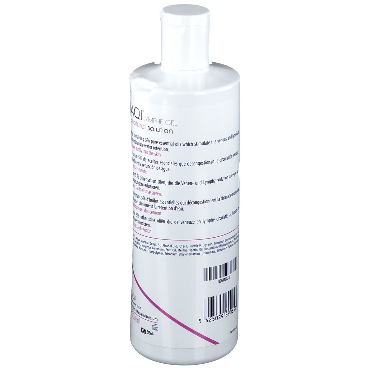 Weiße Flasche mit Text. Enthält 5% ätherische Öle. Barcode und Text.