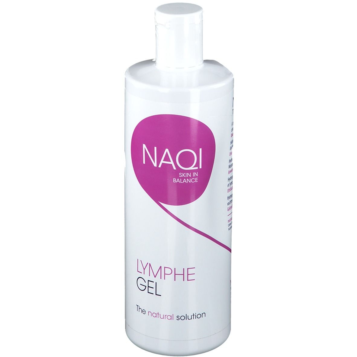 Weiße Flasche mit lila Logo. Schriftzug: NAQI, Lymphe Gel. Deckel oben.