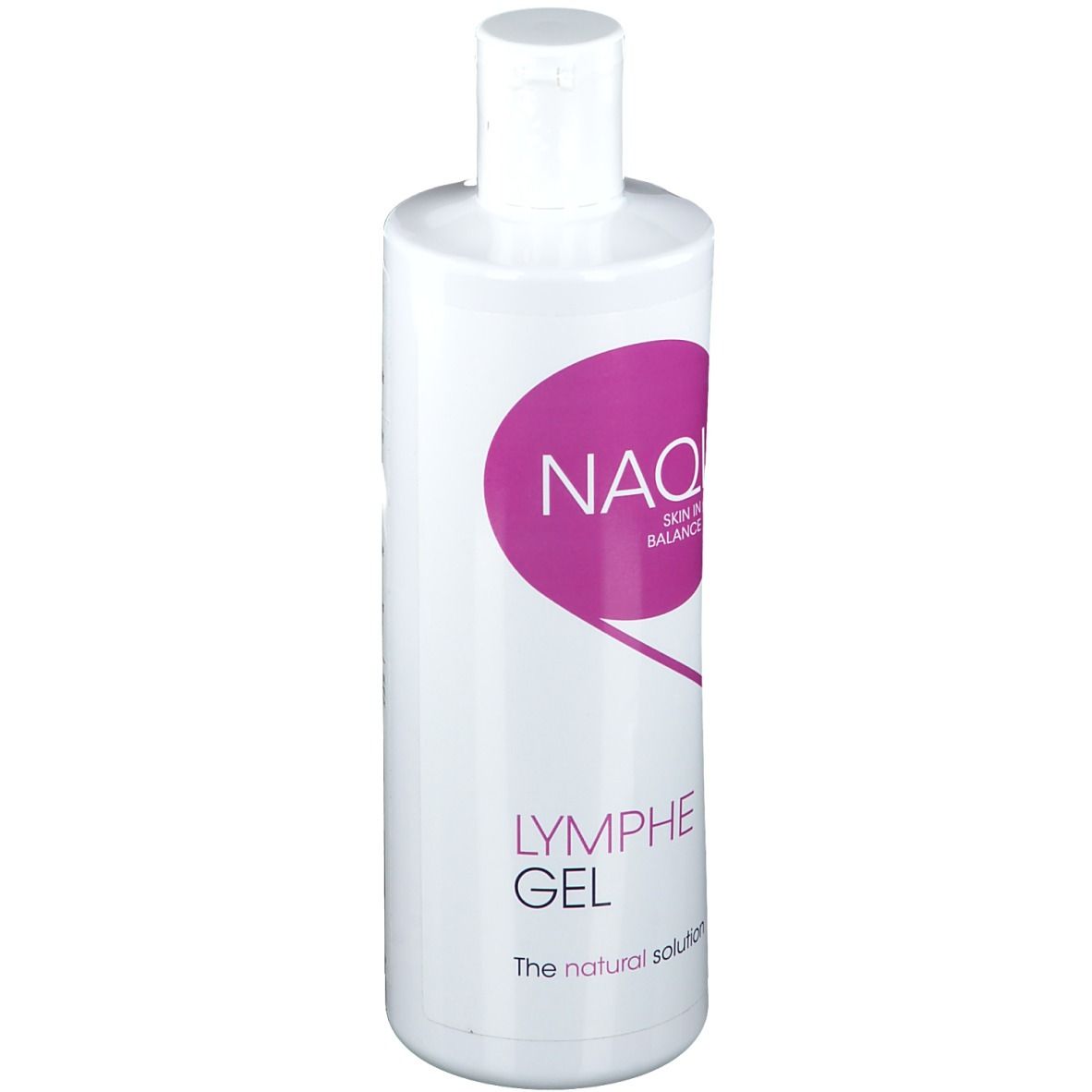 Weiße Flasche mit lila Logo. Schriftzug: NAQI, Lymphe Gel. Deckel oben.