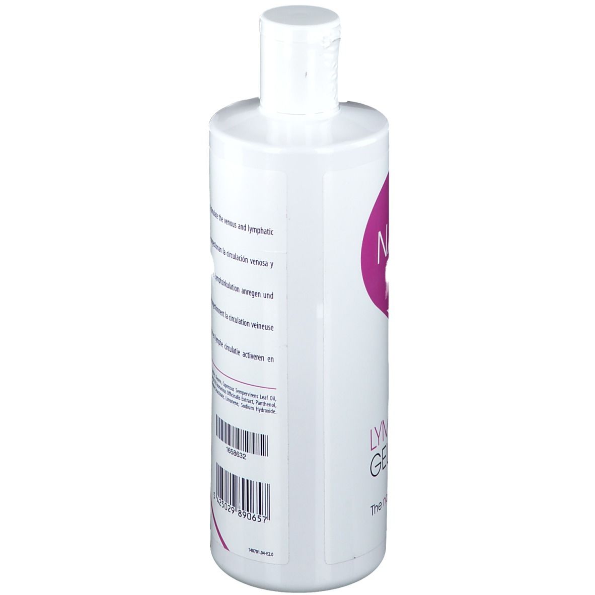 Weiße Flasche mit Text. Barcode und Text. Enthält 5% ätherische Öle.