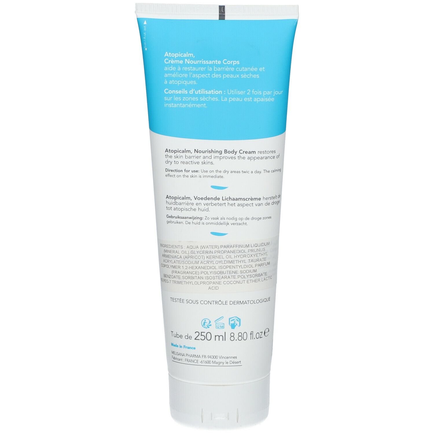 Dos du tube. Texte : Atopicalm, Crème Nourrissante Corps. Conseils d'utilisation. Ingrédients. Fabriqué en France. 250 ml.