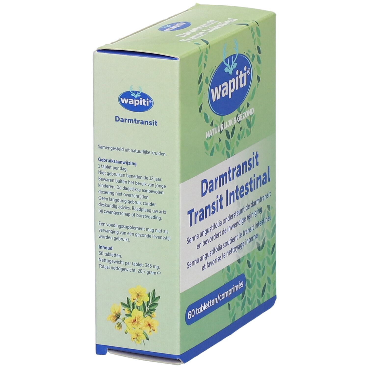 Boîte de comprimés. Texte: Darmtransit Transit Intestinal. 60 comprimés. Vert, blanc et bleu.