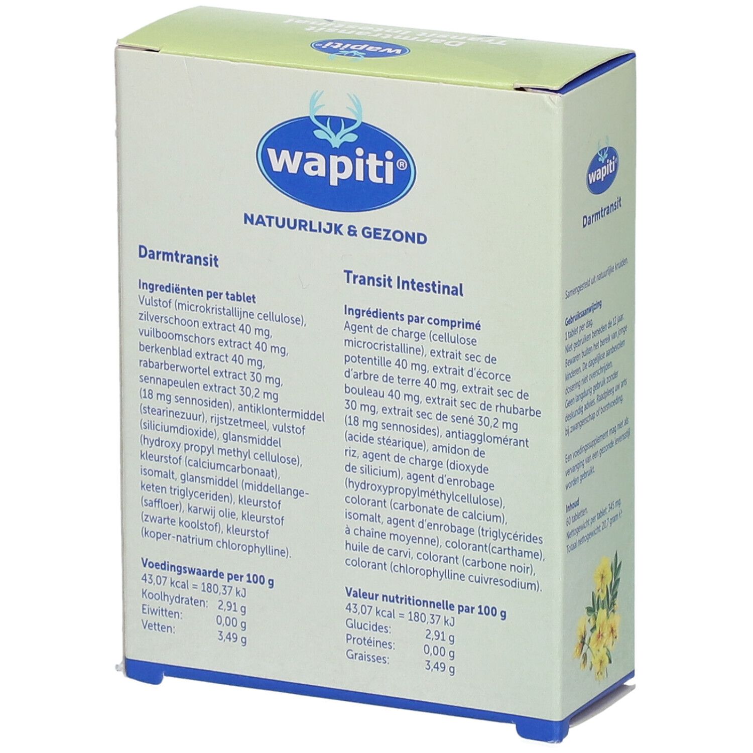 Boîte de comprimés. Texte: Darmtransit Transit Intestinal. 60 comprimés. Vert, blanc et bleu.
