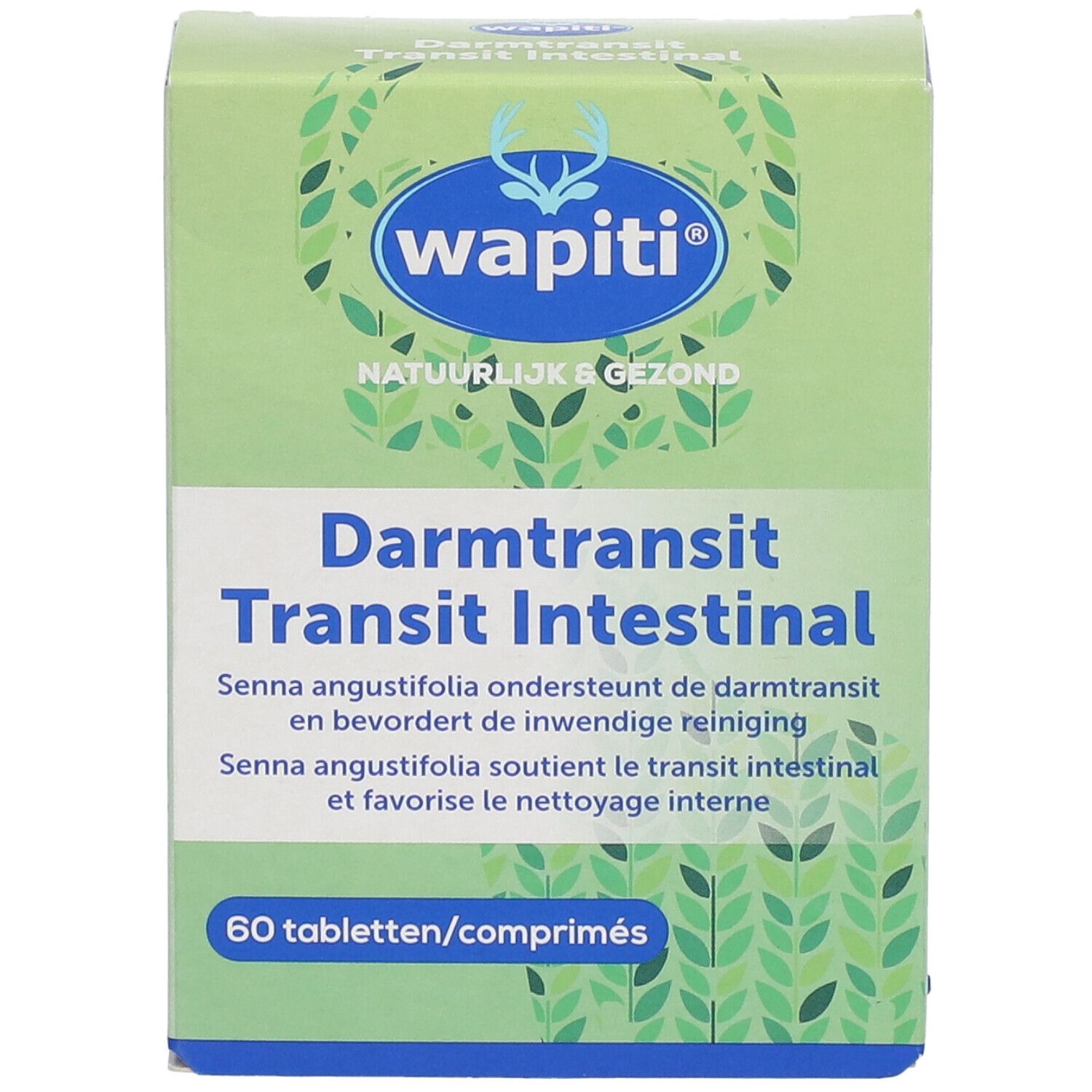 Boîte de comprimés. Texte: Darmtransit Transit Intestinal. 60 comprimés. Vert, blanc et bleu.