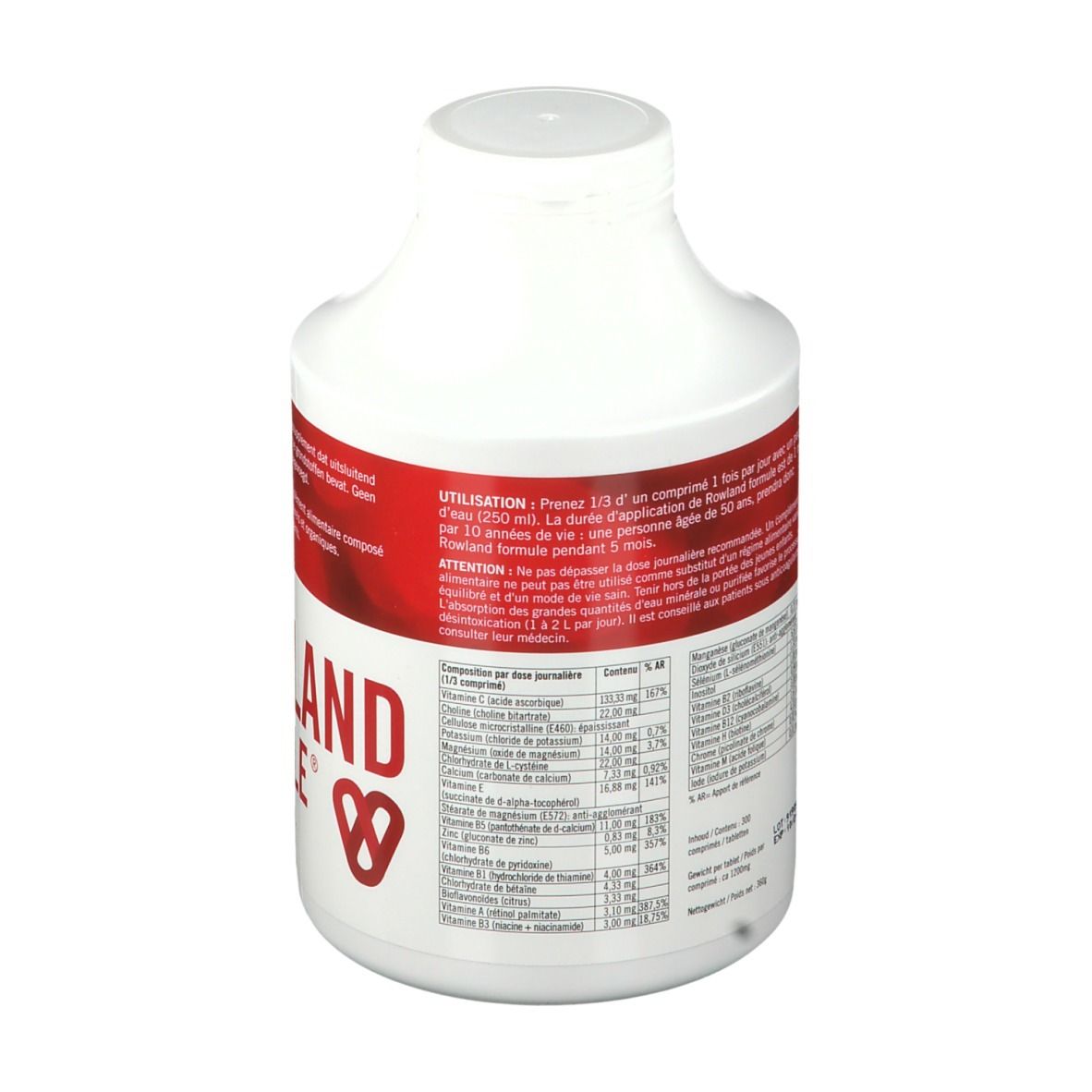 Weiße Flasche mit rotem Etikett. Enthält Nährwertangaben. Aufschrift: ROWLAND FORMULE. Von David Rowland Ph.D.