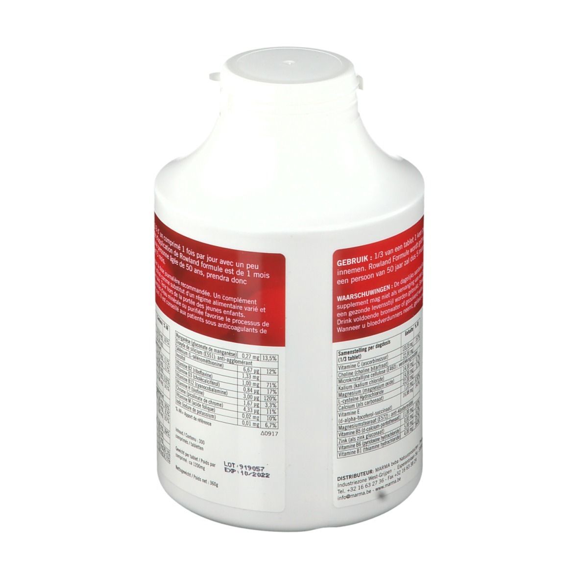 Weiße Flasche mit rotem Etikett. Enthält Nährwertangaben. Aufschrift: ROWLAND FORMULE. Von David Rowland Ph.D.