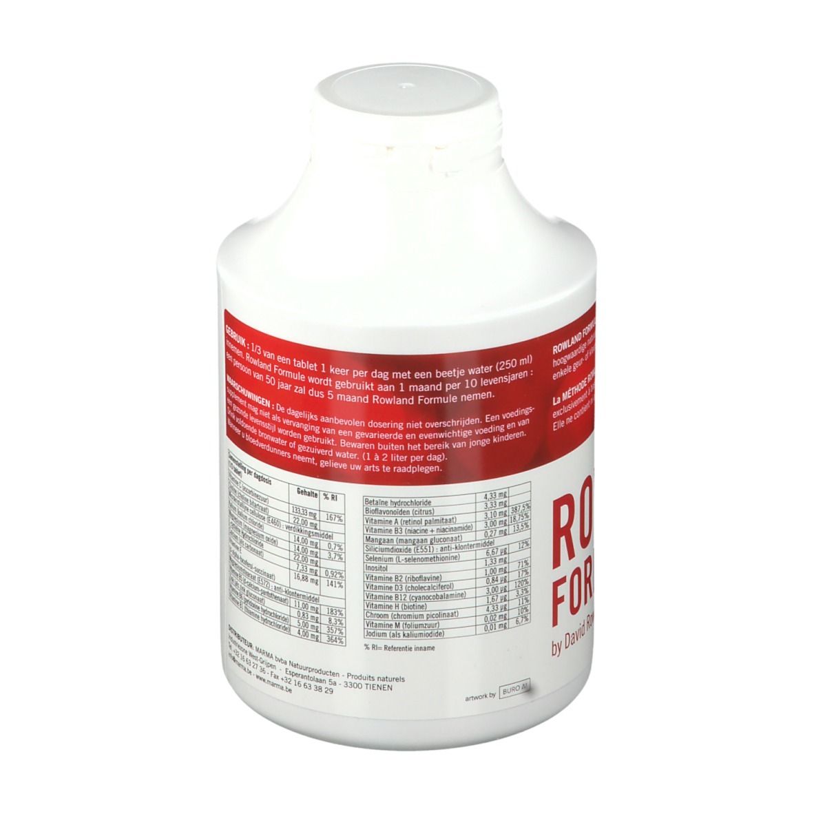 Weiße Flasche mit rotem Etikett. Enthält Nährwertangaben. Aufschrift: ROWLAND FORMULE. Von David Rowland Ph.D.