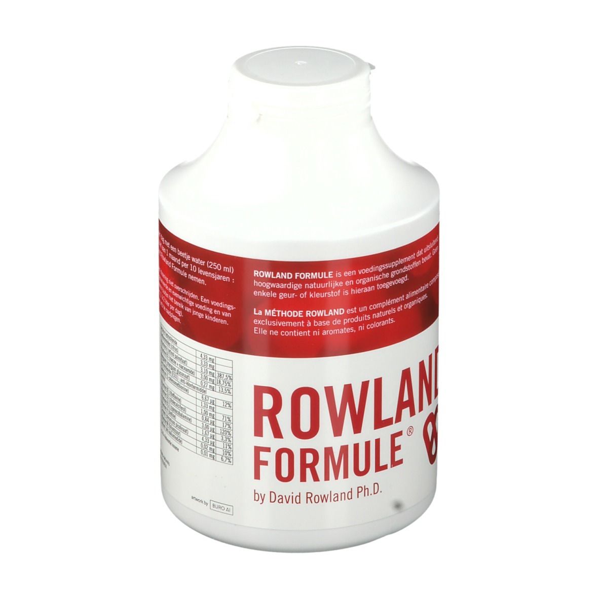 Weiße Flasche mit rotem Etikett. Aufschrift: ROWLAND FORMULE. Von David Rowland Ph.D. Mit Herz-Logo.