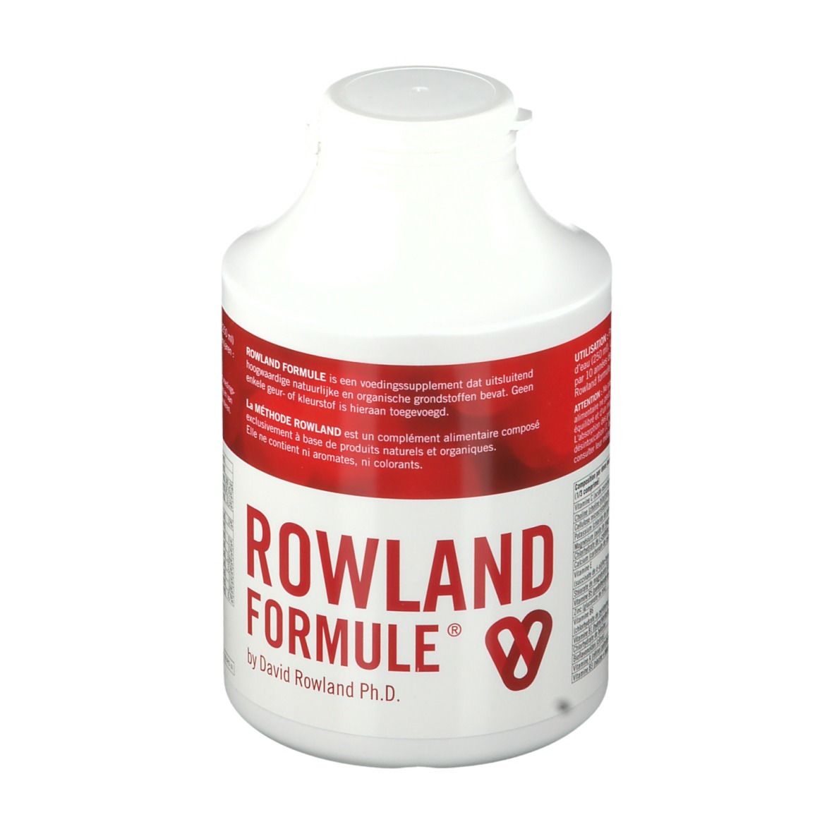 Weiße Flasche mit rotem Etikett. Aufschrift: ROWLAND FORMULE. Von David Rowland Ph.D. Mit Herz-Logo.