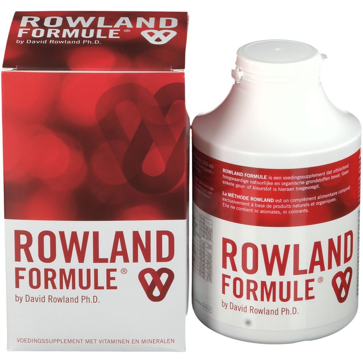Produktflasche und Schachtel. Aufschrift: ROWLAND FORMULE. Von David Rowland Ph.D. Mit Herz-Logo.