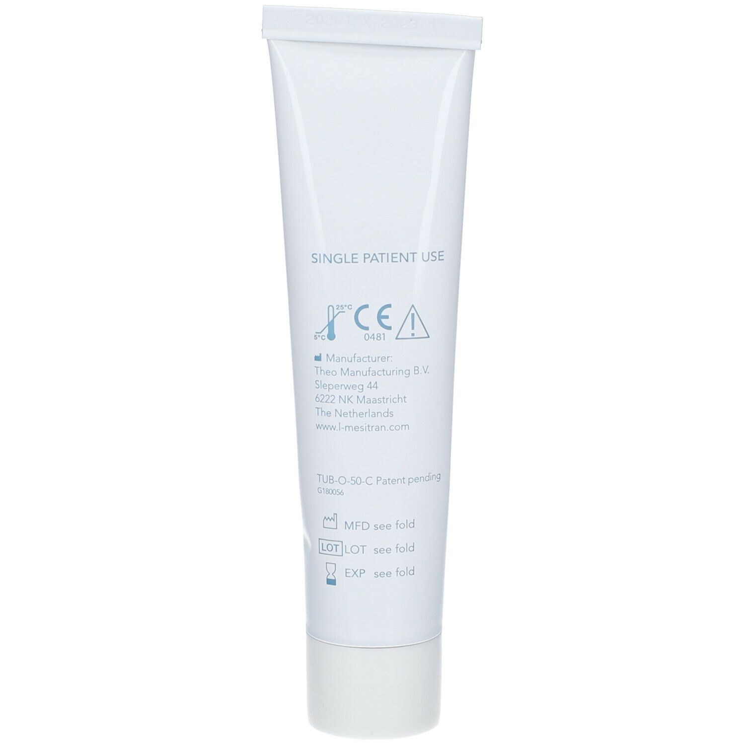 Dos d'un tube blanc. Texte : SINGLE PATIENT USE, marquage CE, informations fabricant.
