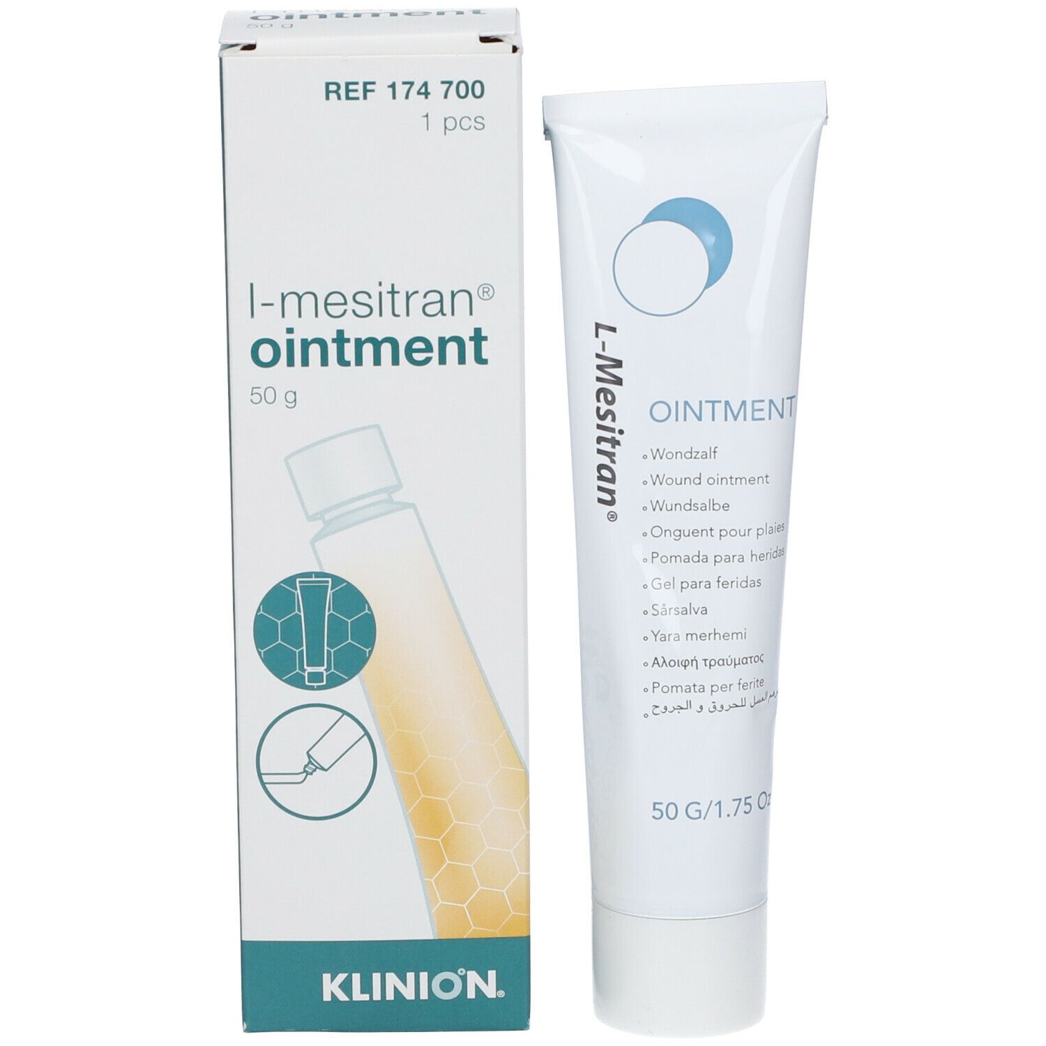 Emballage avec tube et boîte. Inscription : L-mesitran® ointment, 50 g. Logo Klinion.