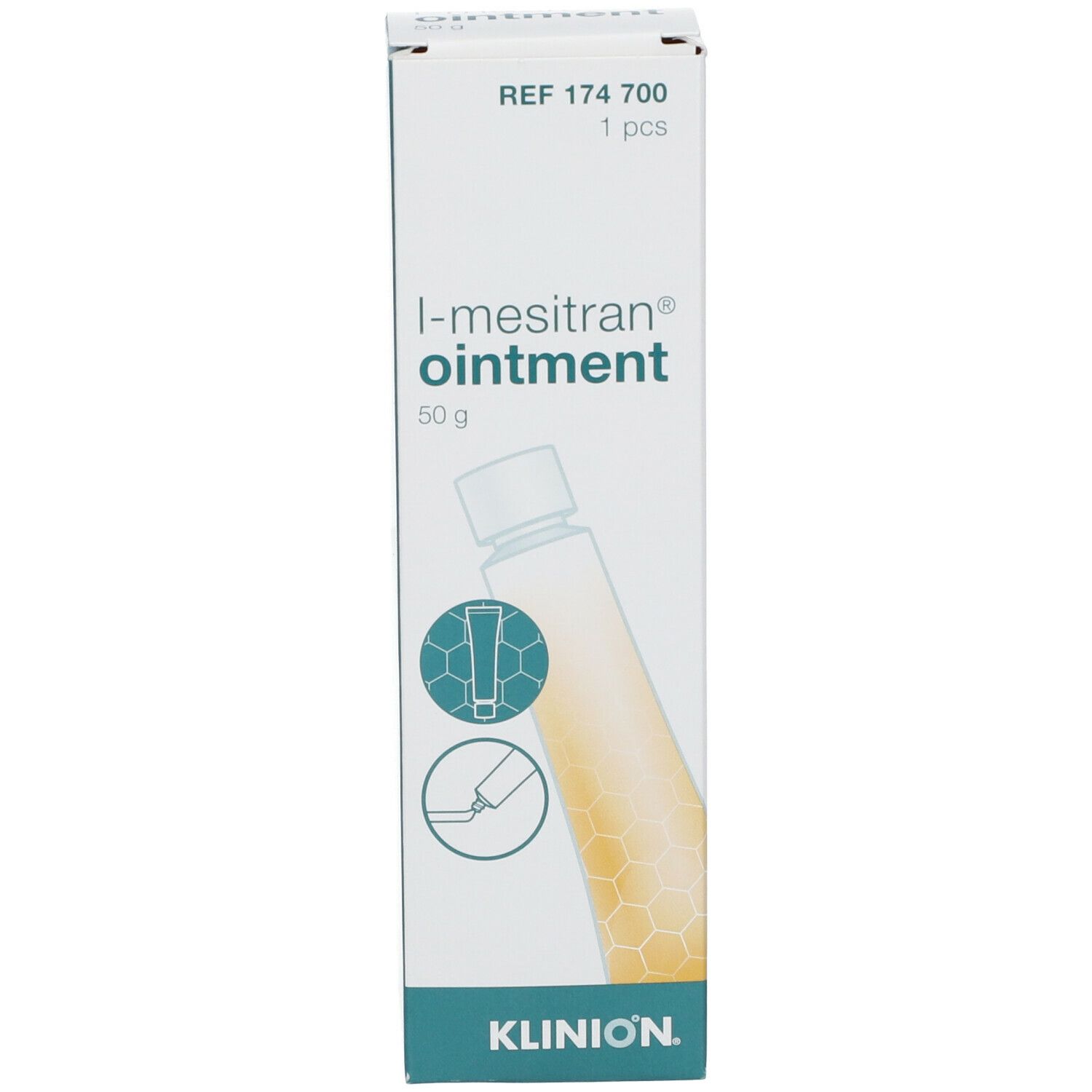 Emballage en carton avec tube. Inscription : L-mesitran® ointment, 50 g. Logo Klinion.