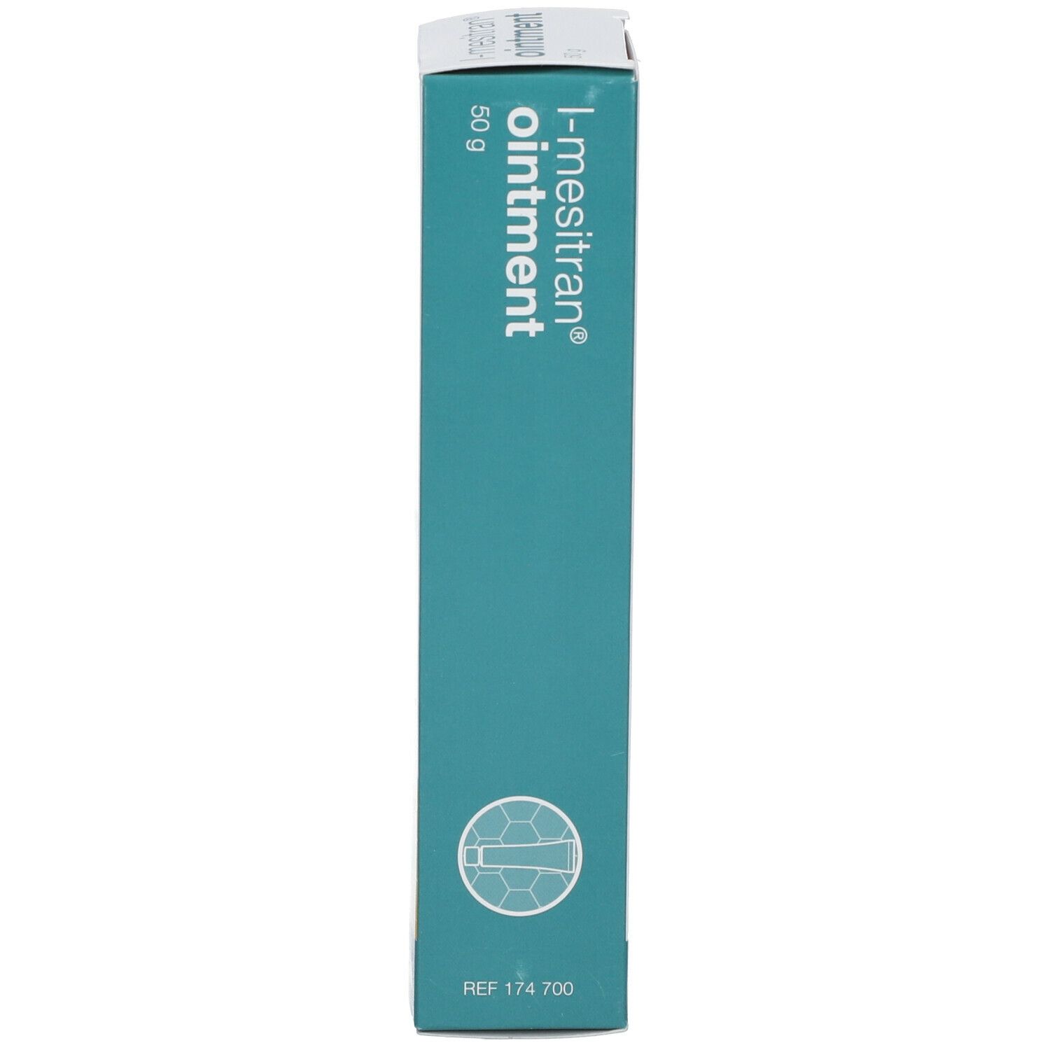 Emballage en carton étroit, turquoise. Inscription : L-mesitran® ointment, 50 g. Logo Klinion.