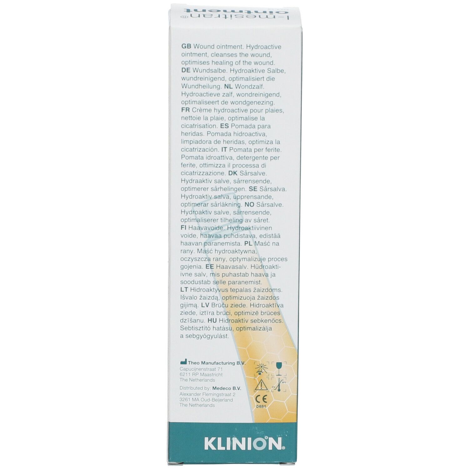 Emballage en carton avec informations produit multilingues. Logo Klinion.