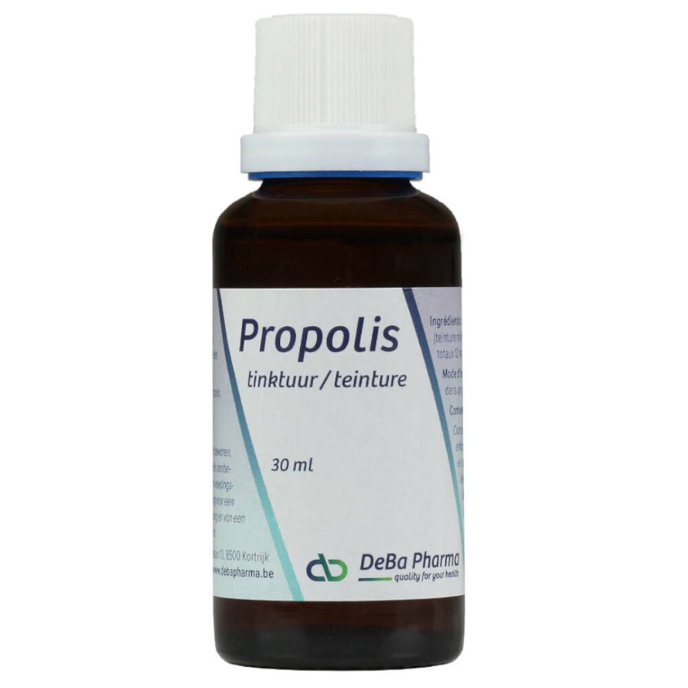 Flacon en verre brun avec bouchon blanc. Étiquette "Propolis" et "30 ml". Logo DeBa Pharma.