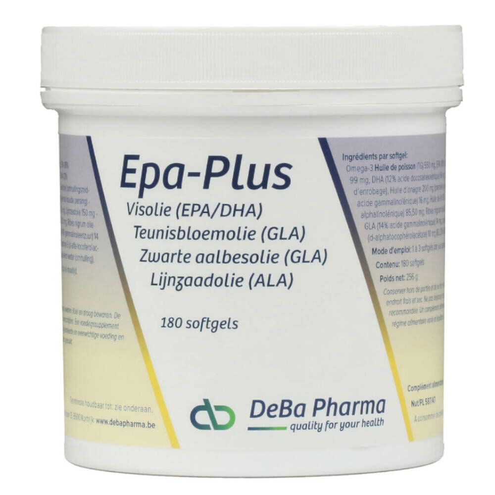 Pot blanc cylindrique. Inscription EPA-Plus, ingrédients, 180 gélules. Logo DeBa Pharma.