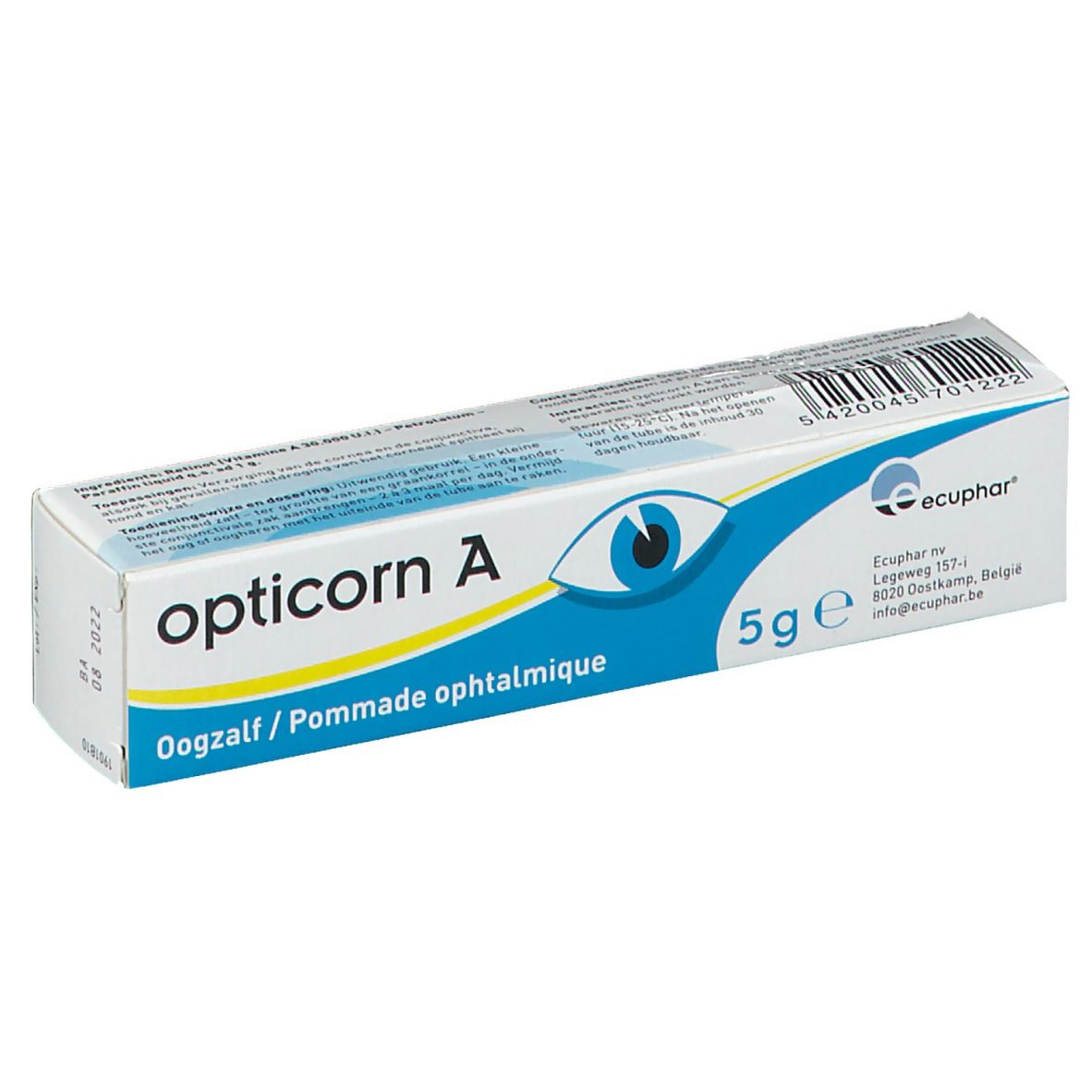 Boîte de pommade ophtalmique Opticorn A. Boîte blanche et bleue avec nom du produit, illustration d'œil et indication 5g.