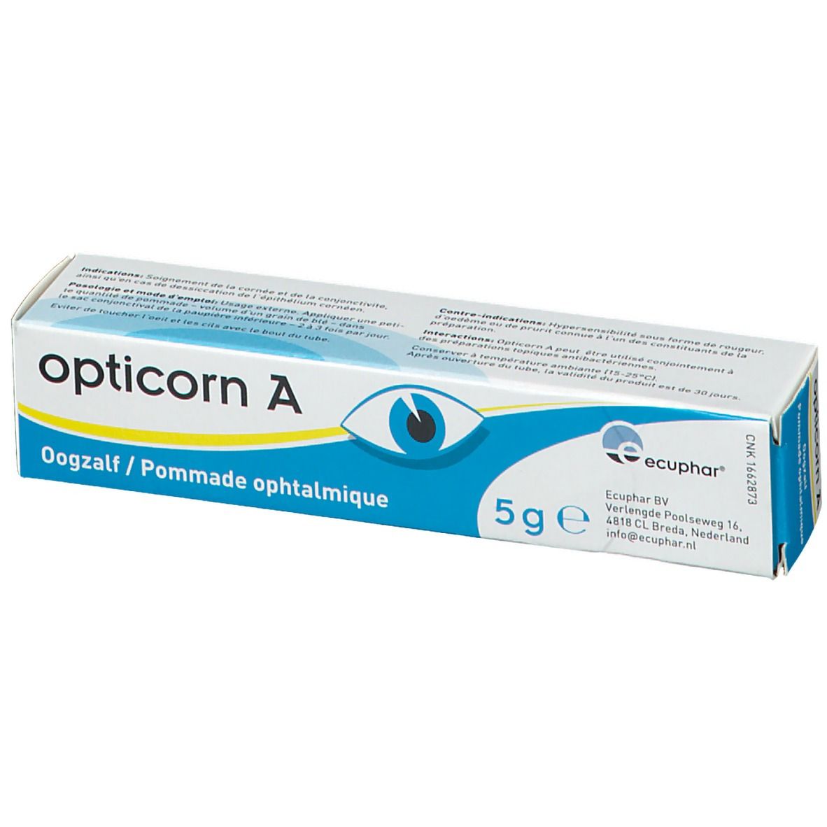 Boîte de pommade ophtalmique Opticorn A. Boîte blanche et bleue avec nom du produit, illustration d'œil et indication 5g.