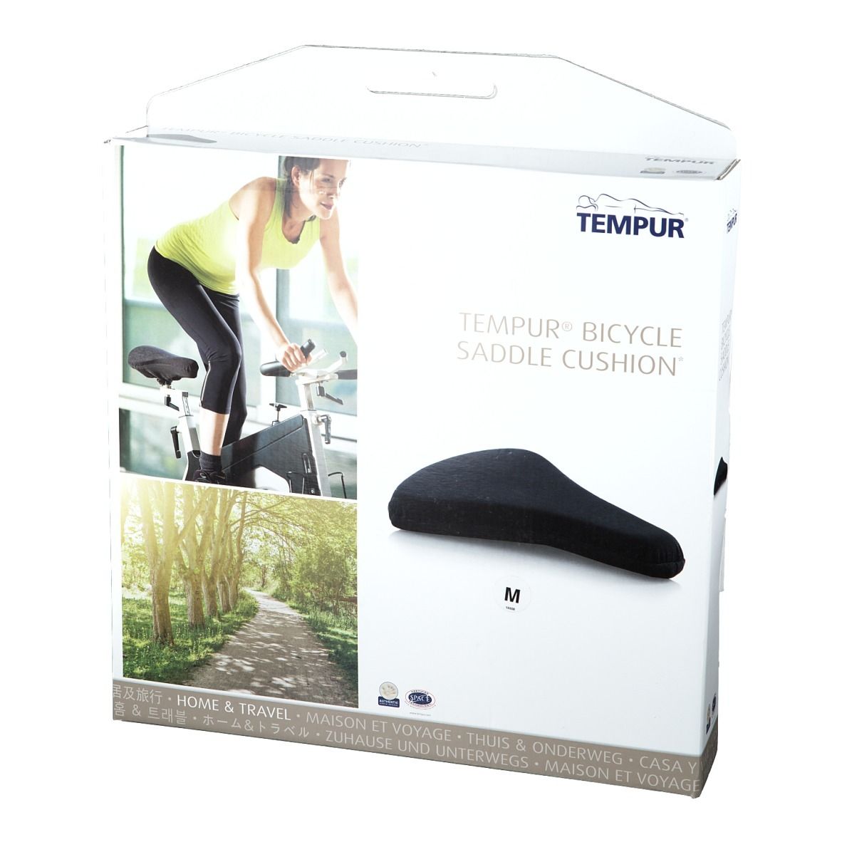 Emballage de coussin de selle de vélo. Marque : Tempur. Image d'une femme sur un vélo. Coussin de selle noir, taille M.