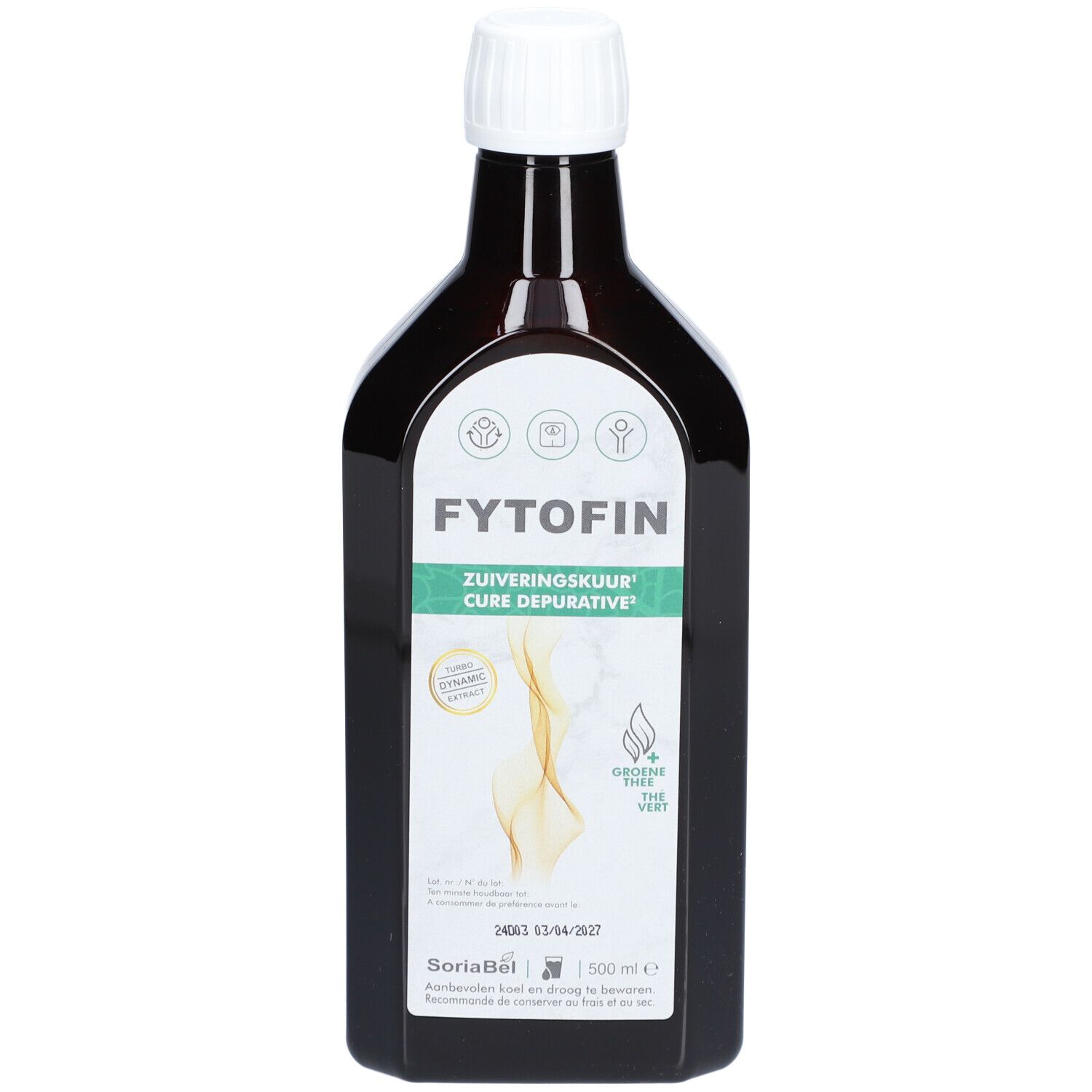 Bruine fles met witte dop. Opschrift: FYTOFIN, Zuiveringskuur, Cure Depurative. Logo en tekst.