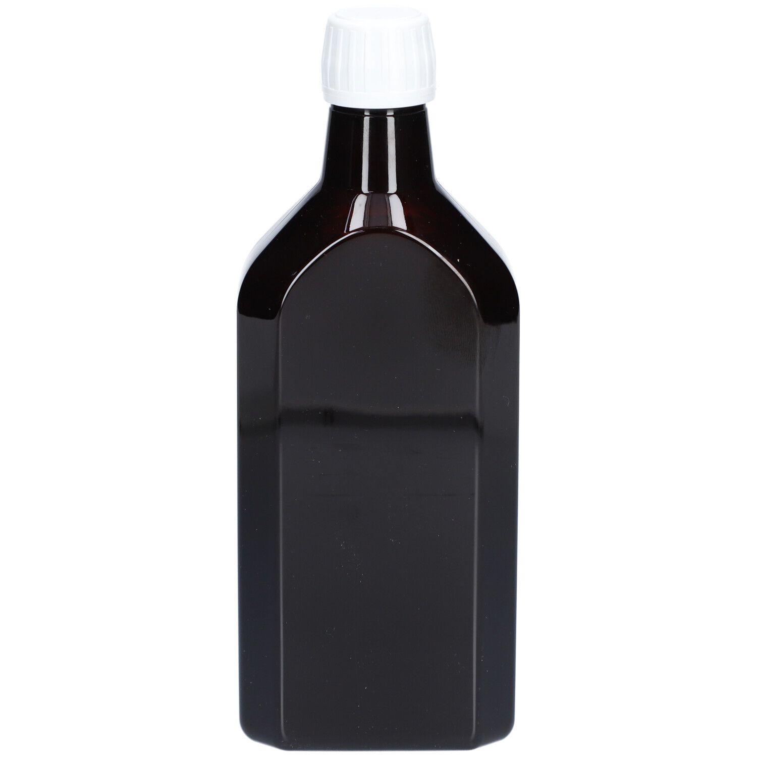 Bruine fles met witte dop. Vierkante vorm. Geen opschrift zichtbaar.