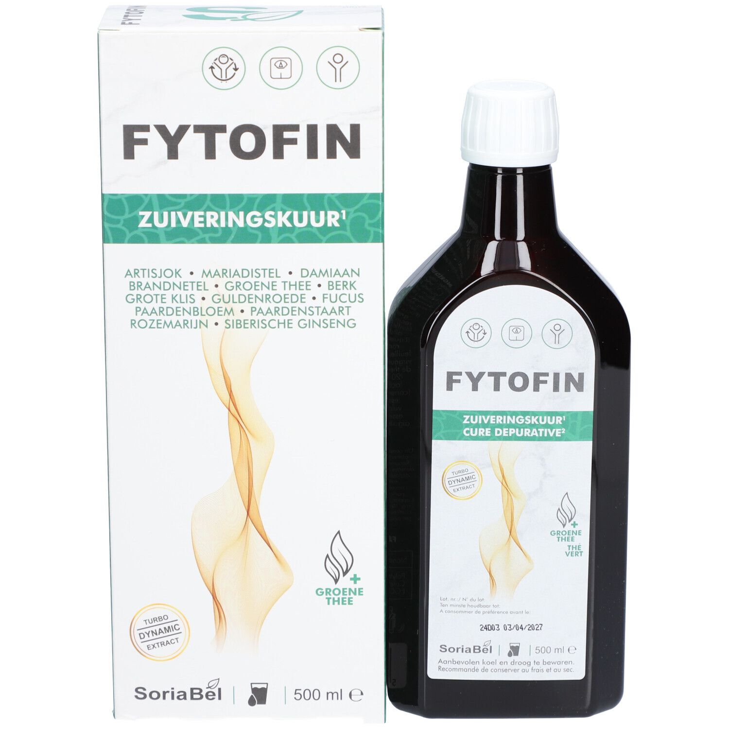 Product met fles en verpakking. Opschrift: FYTOFIN, Zuiveringskuur. Ingrediëntenlijst. Logo en tekst.