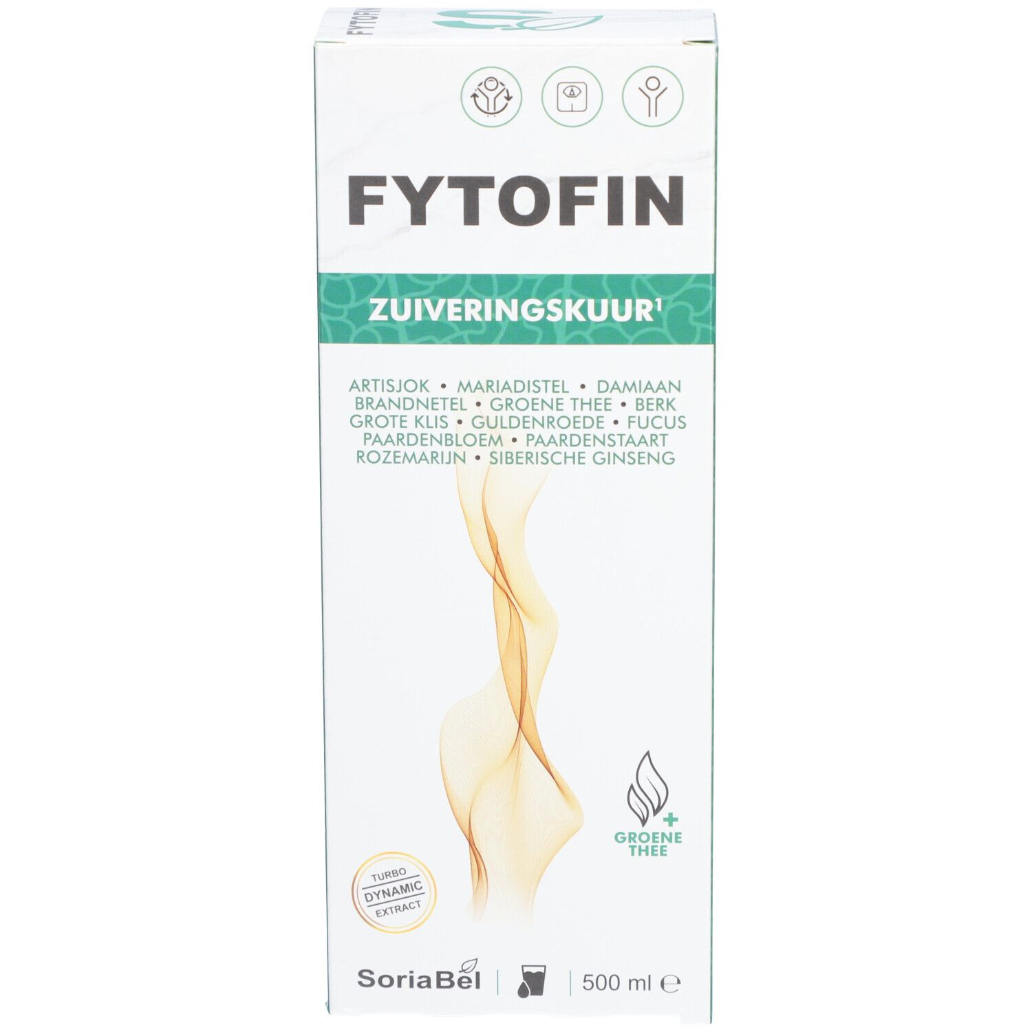 Witte verpakking met opschrift: FYTOFIN, Zuiveringskuur. Ingrediëntenlijst. Logo en tekst.