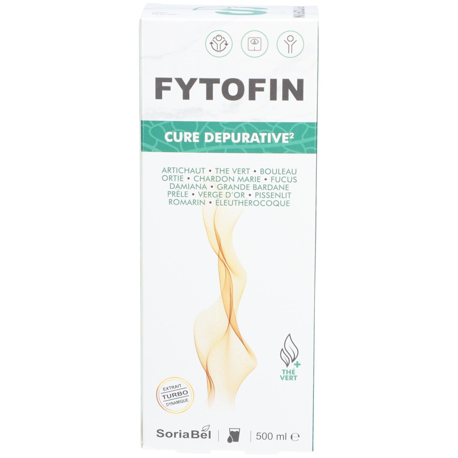 Witte verpakking met opschrift: FYTOFIN, Cure Depurative. Ingrediëntenlijst. Logo en tekst.