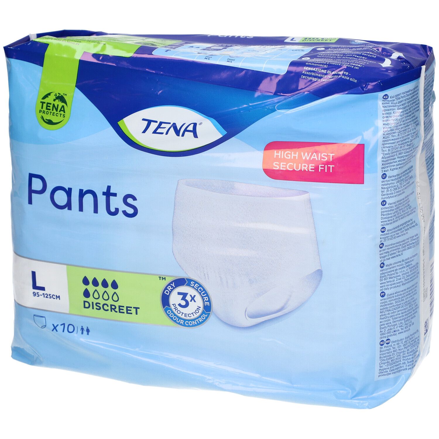 Verpakking TENA Pants Discreet L. Maat L, 95-125cm. Zichtbaar: Pants, Discreet, 3X bescherming, High Waist Secure Fit.