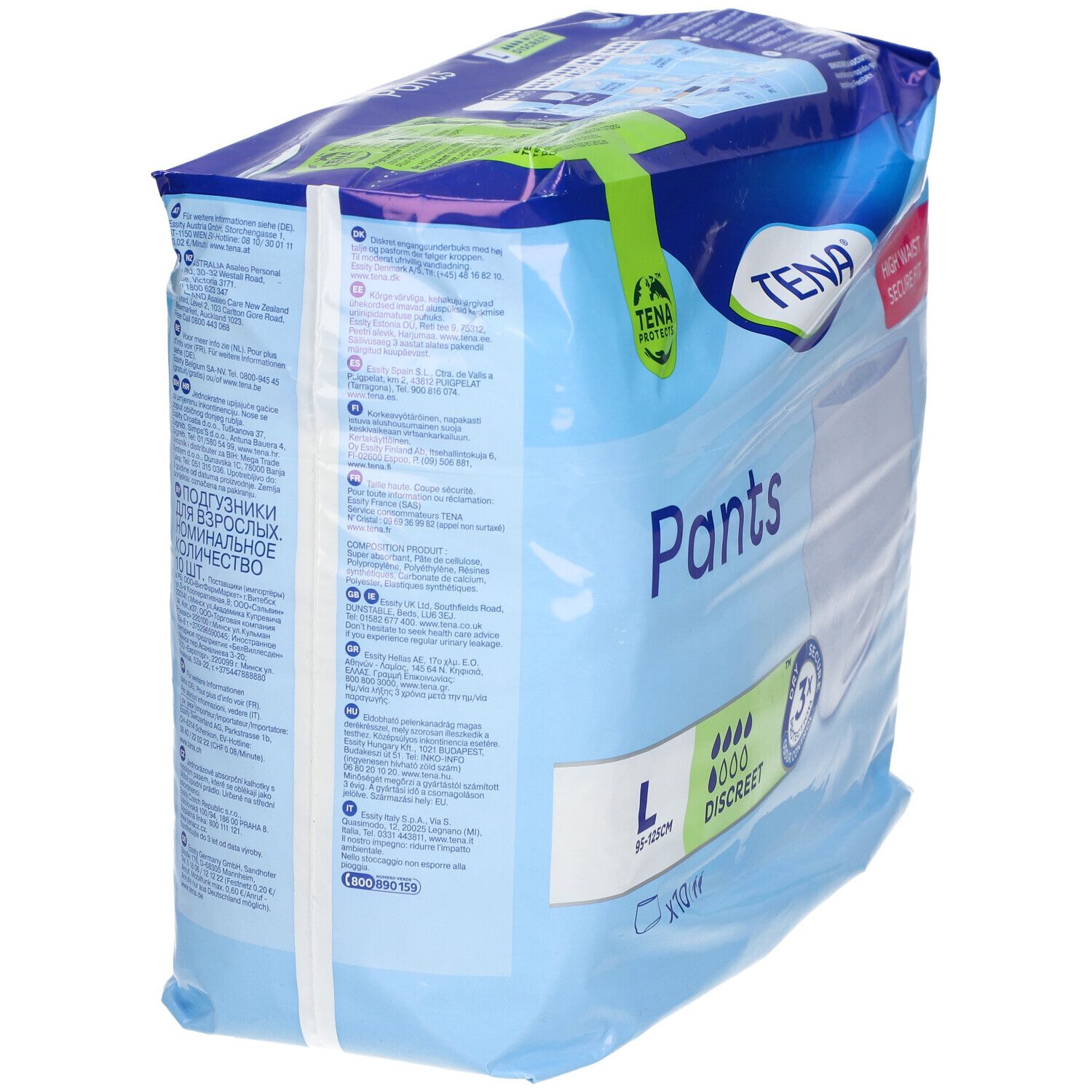 Verpakking TENA Pants Discreet L. Achterkant met tekst. Maat L, 95-125cm. Zichtbaar: Pants, Discreet, 3X bescherming.