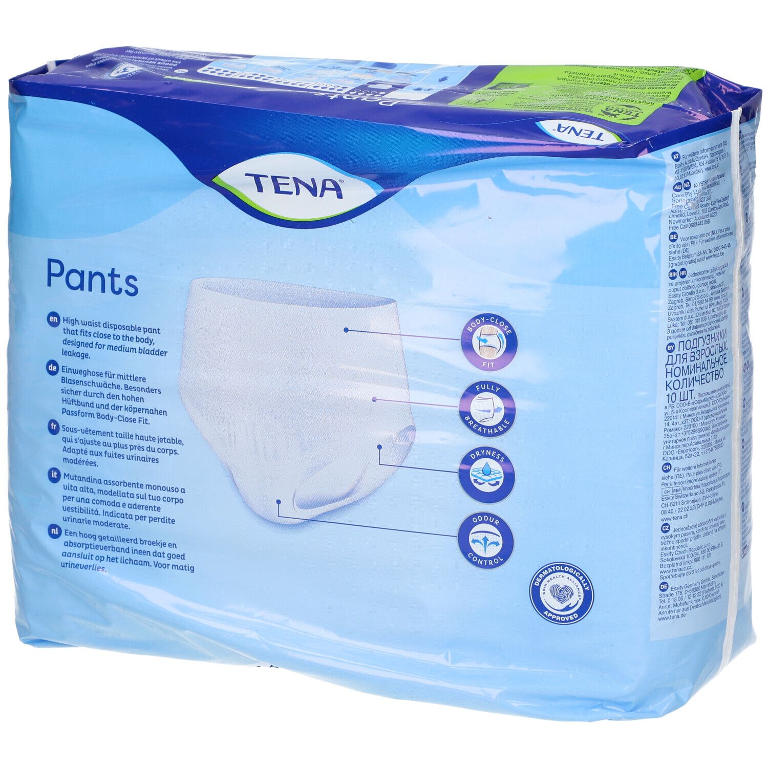 Verpakking TENA Pants Discreet L. Achterkant met productafbeelding. Maat L, 95-125cm. Zichtbaar: Pants, Discreet, 3X bescherming.
