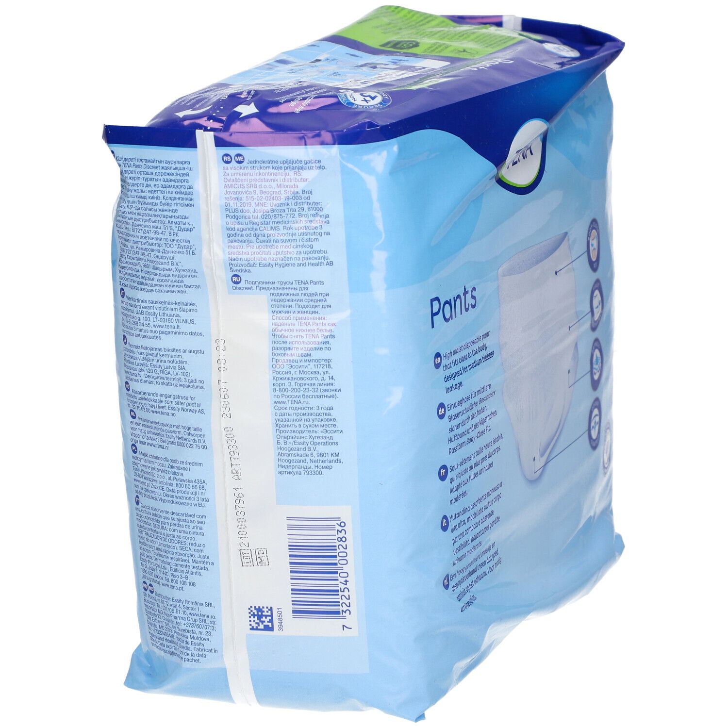 Verpakking TENA Pants Discreet L. Schuine weergave. Maat L, 95-125cm. Zichtbaar: Pants, Discreet, 3X bescherming.