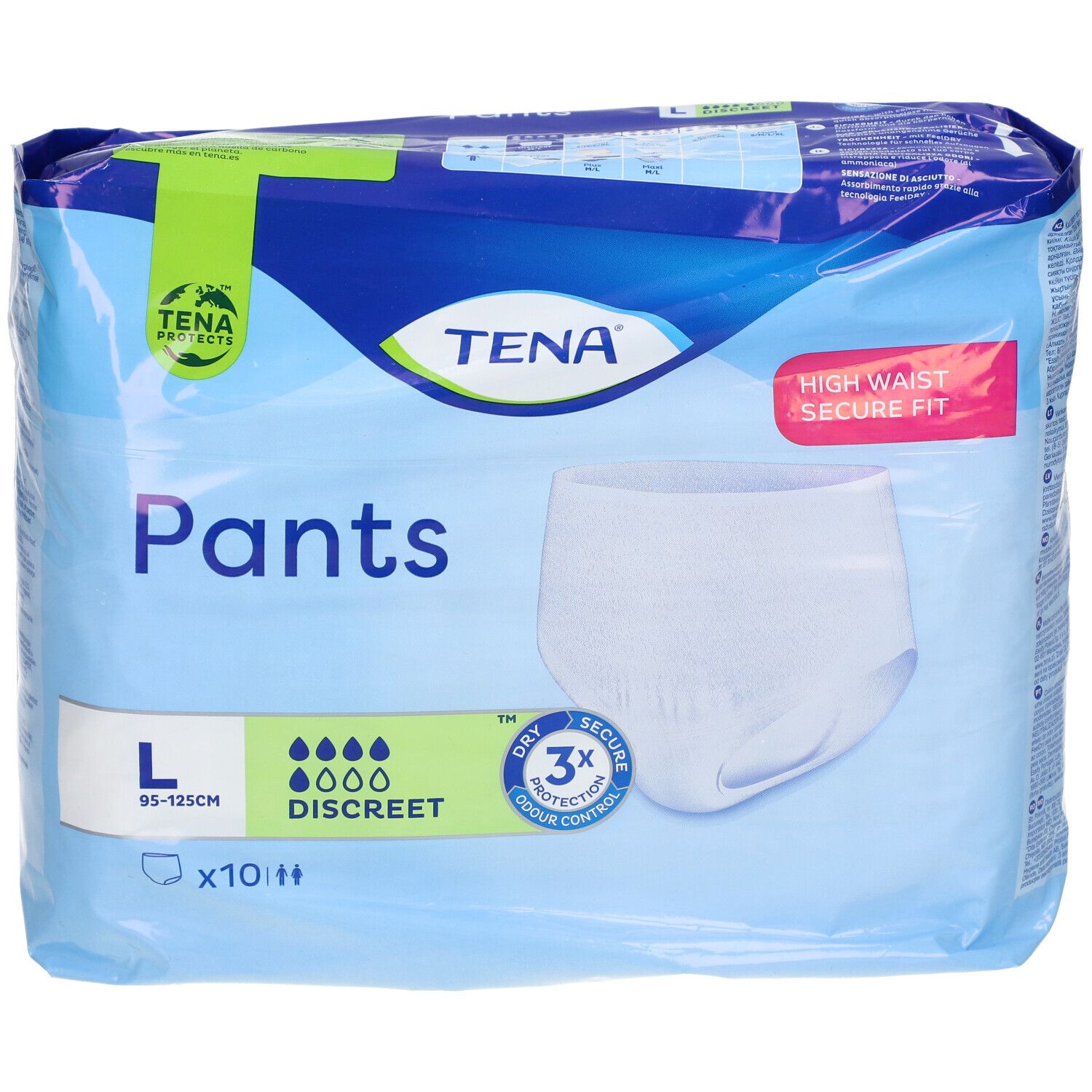 Verpakking TENA Pants Discreet L. Maat L, 95-125cm. Zichtbaar: Pants, Discreet, 3X bescherming, High Waist Secure Fit.