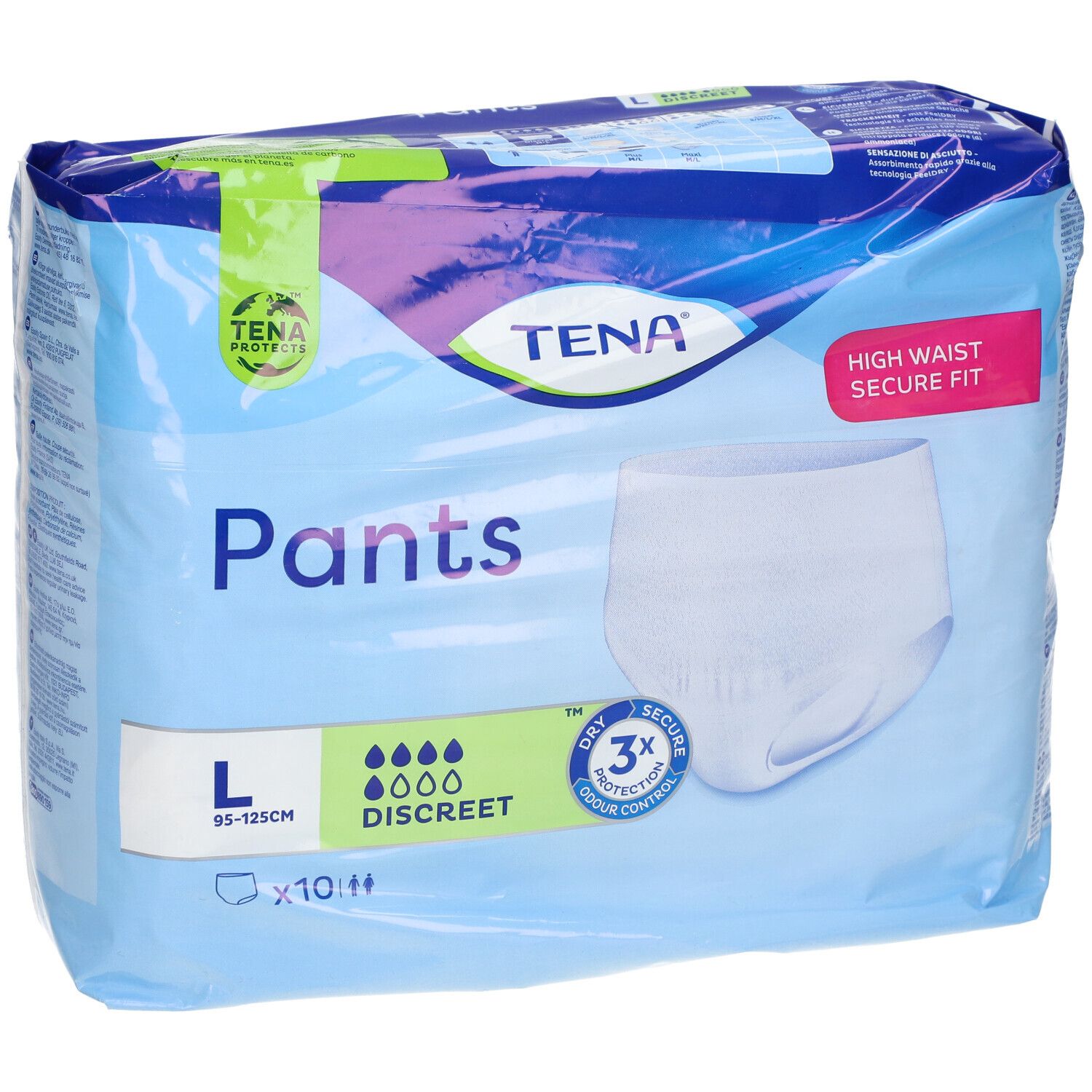 Verpakking TENA Pants Discreet L. Maat L, 95-125cm. Zichtbaar: Pants, Discreet, 3X bescherming, High Waist Secure Fit.
