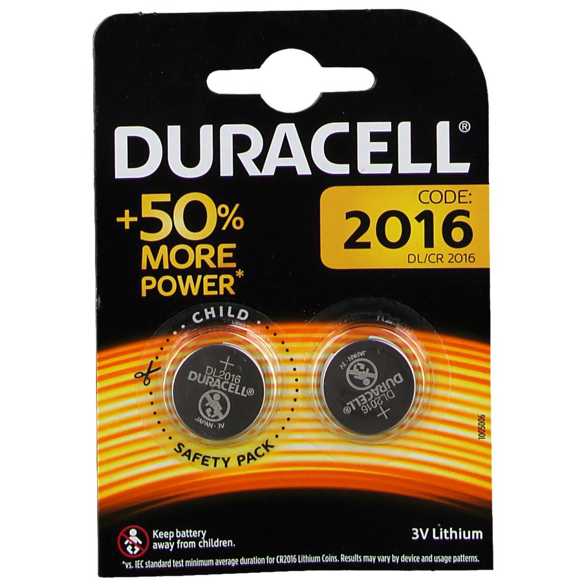 Twee DURACELL® 2016 lithium knoopcellen in blisterverpakking. Zwarte verpakking met productinformatie en veiligheidskenmerken.