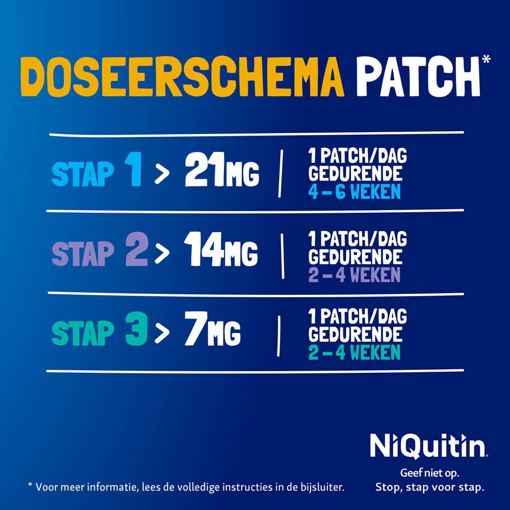 Doseerschema pleister. Stap 1: 21 mg, 4-6 weken. Stap 2: 14 mg, 2-4 weken. Stap 3: 7 mg, 2-4 weken.