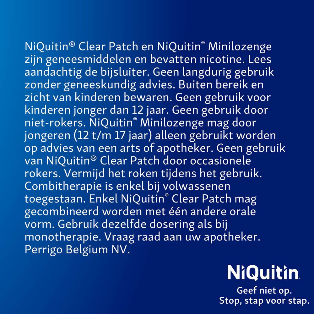Blauw beeld met NiQuitin Clear Patch. Tekst: 21 mg, Stap 1, 14 pleisters. NiQuitin logo.