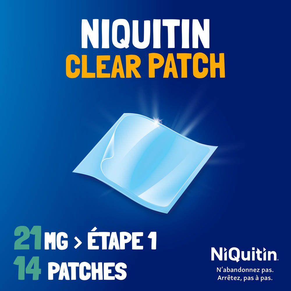 Femme avec patch sur le bras. Texte : Patch transparent pour une application discrète. Logo NiQuitin.